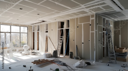 Drywall installation at new home for under construction, Easiest way to do partition for interior wall. photo