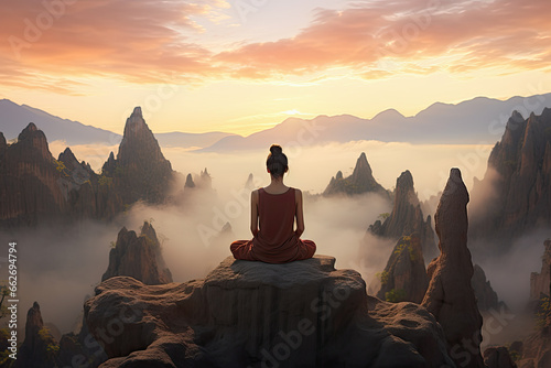 mujer sentada meditando en posición de yoga sobre piedra en la cima de una montaña al  atardecer sobre picos y nubes photo