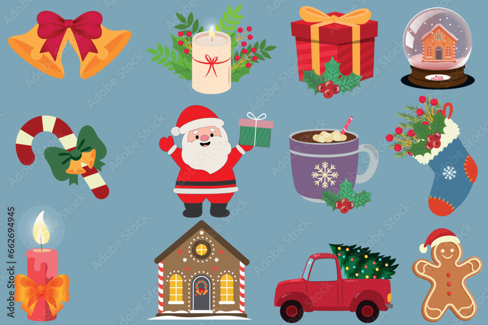 Christmas decor elements and characters isolated. For Xmas card, banner, print, pattern, packaging. Vector flat cartoon illustration