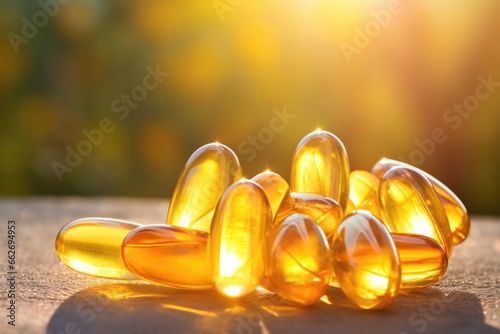 several vitamin d capsules on a natural sunlight background