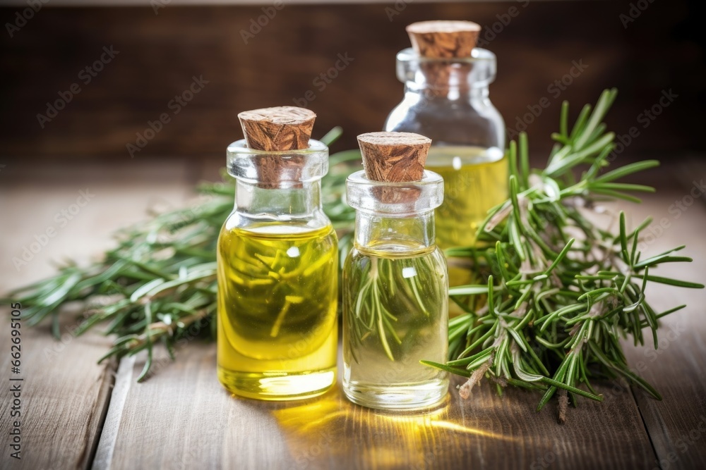 glass bottles with essential oils, rosemary twigs on table glass bottles with essential oils, rosemary twigs on table