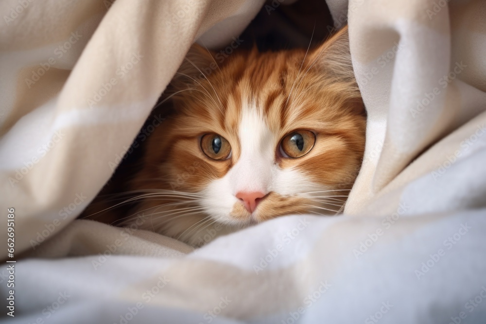 a fluffy cat tucked away peacefully under a warm blanket