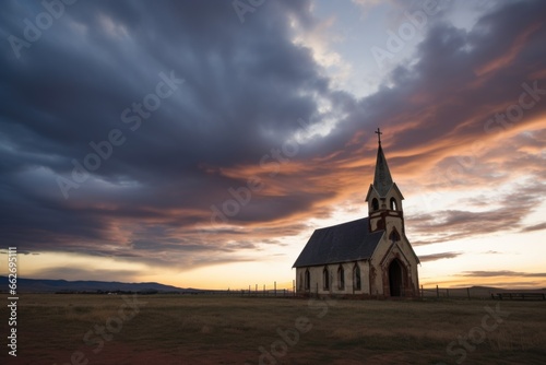 dramatic sky over an empty, deserted chapel