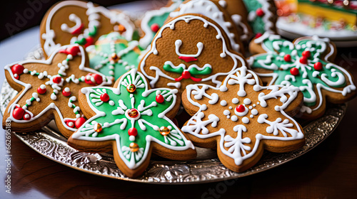 Gingerbread cookies with whimsical holiday designs including elves and sleighs