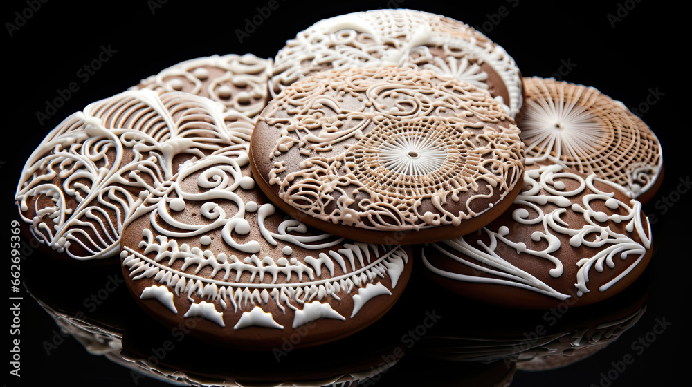 Fototapeta premium Vector gingerbread cookies adorned with intricate details from lace patterns to candy swirls