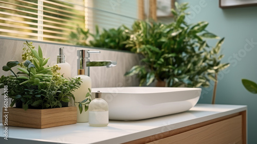 Vessel sink and different care products in bathroom with Green artificial plants.