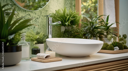 Vessel sink and different care products in bathroom with Green artificial plants.