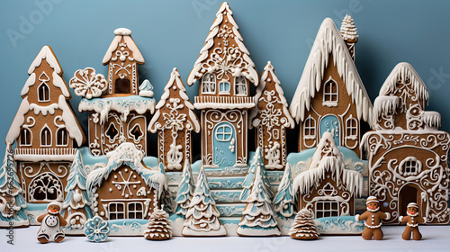 Handcrafted gingerbread cookie set with playful elves snowflakes and gingerbread houses