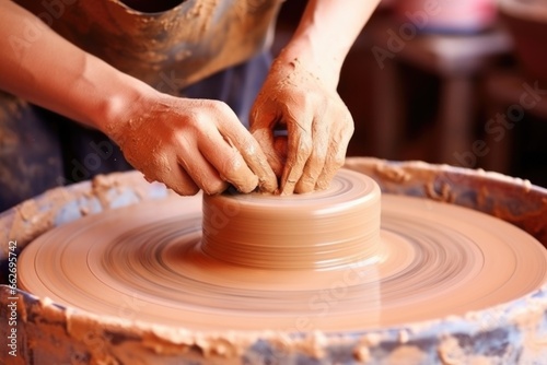 close up of spinning pottery wheel with clay