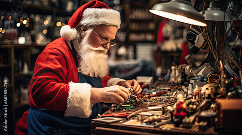 Santa with Handmade Toy in Cheerful Workshop