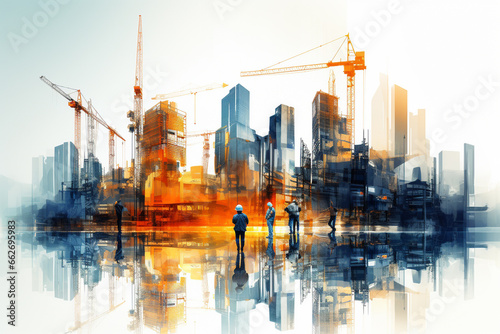 Artistic creative background illustration featuring construction workers, towering buildings in various stages of construction, and cranes on the skyline. Ai generated