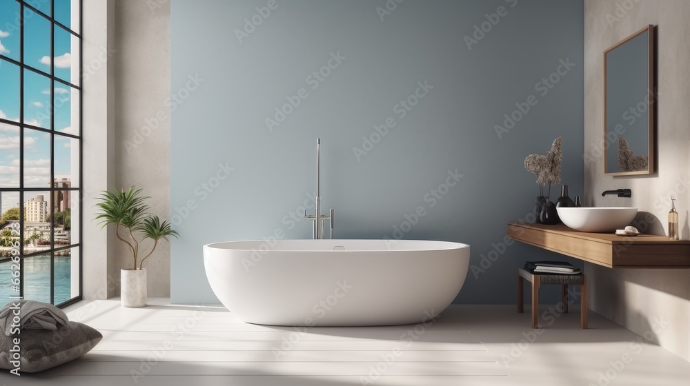 Modern bathroom with tub, Wash basin and window. Modern bathroom with tub, Wash basin and window.