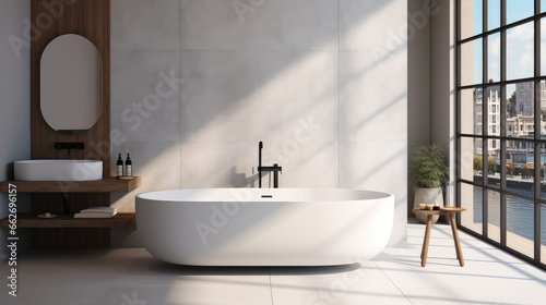 Modern bathroom with tub  Wash basin and window.