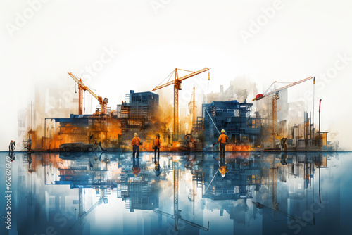 Artistic creative background illustration featuring construction workers, towering buildings in various stages of construction, and cranes on the skyline. Ai generated