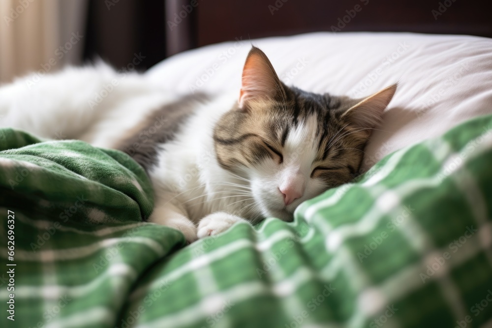 a pet cat peacefully sleeping in a cozy bed