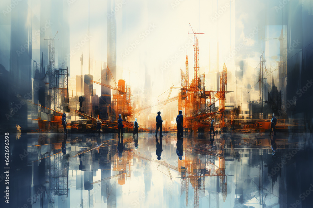 Artistic creative background illustration featuring construction workers, towering buildings in various stages of construction, and cranes on the skyline. Ai generated