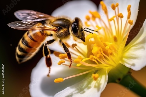 a bee extracting honey from a blooming flower © altitudevisual