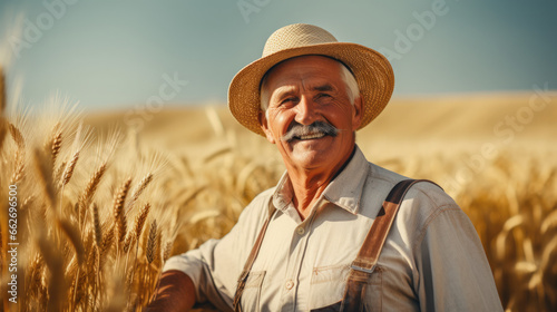 A farmer in a wheat field checks the quality and growth of the crop at sunset. Agricultural worker in his own field. Rich harvest concept.