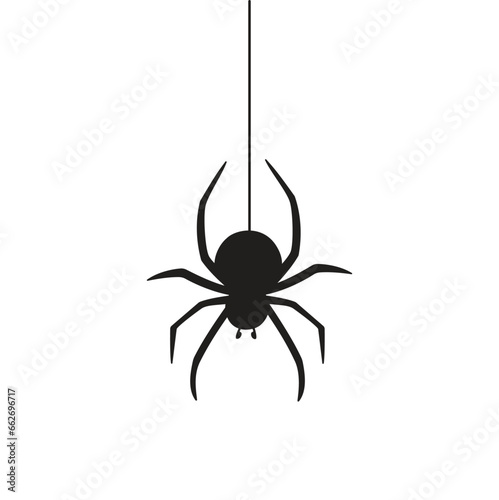 Hanging black spider silhouette for halloween. Spider icon on white background. Vector Illustration