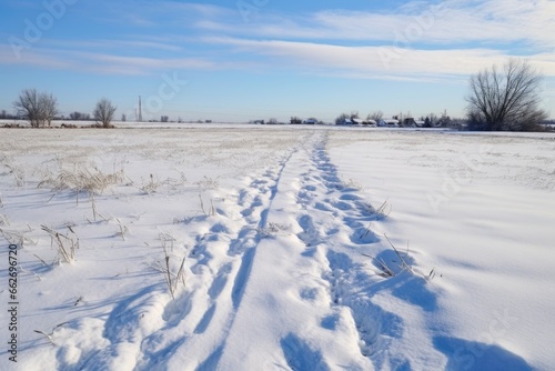 a snowy field with a path cleared down the center