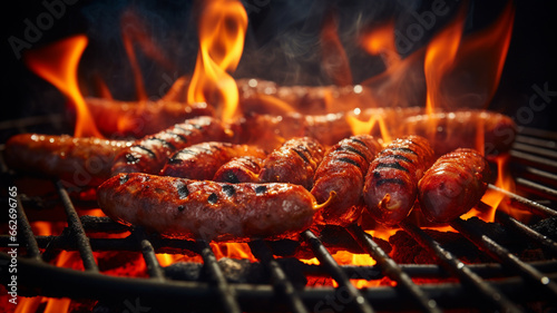 portrait of bearded man with sausages and smoke on the grill