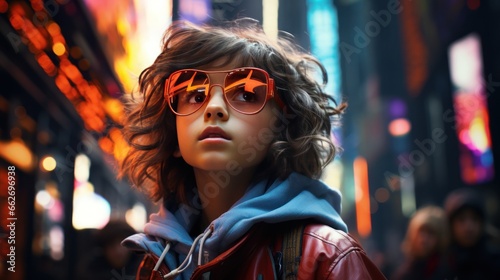 Retro-future: little girl explores the skyscrapers of the streets.