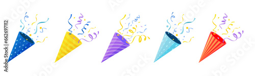 Popper icons with confetti. Cartoon cracker and party popper icons, colorful celebration falling paper glitter for chat application. Vector set