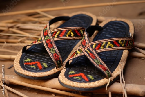 detailed shot of woven tribal sandals beside a footpath