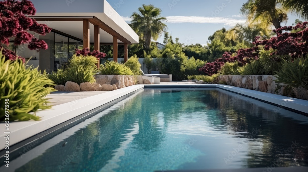 Luxury modern backyard with a swimming pool.