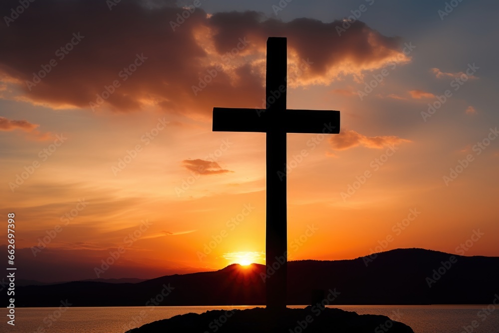 the silhouette of a cross against a sunset