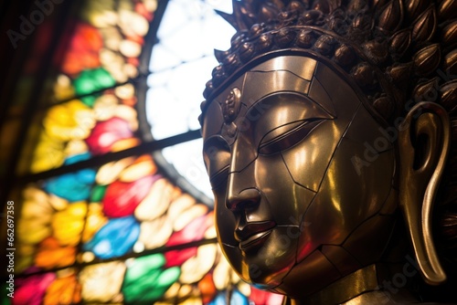 christian stained glass window reflecting on a buddha statue