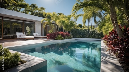 Luxury modern backyard with a swimming pool. © visoot