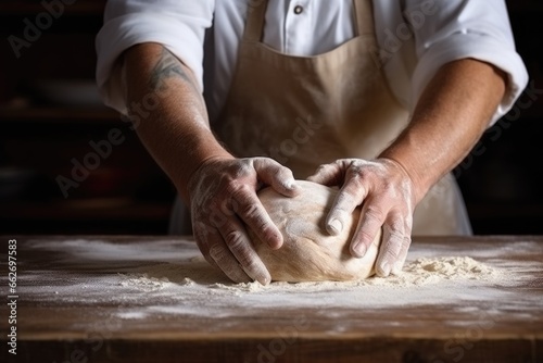 close-up shot of a baker kneading dough on a wooden surface