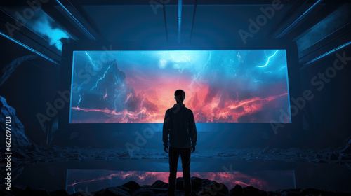 Rear view, Man looks at a projection screen. photo