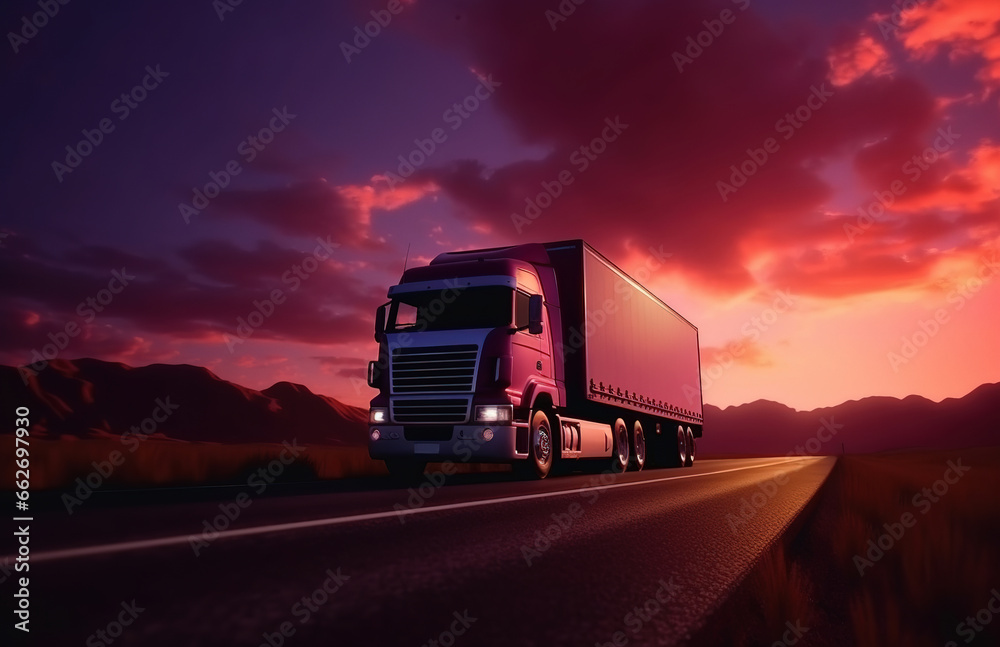 Semi truck on the highway in the dusk. Generative art