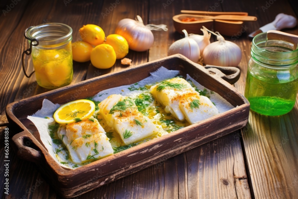 baked cod and lemon on rustic wood-planked tray