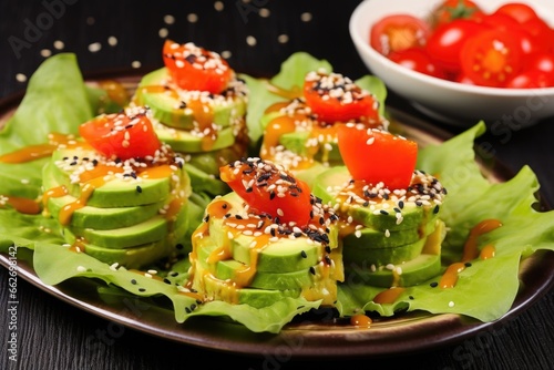 avocado salad topped with sesame seeds