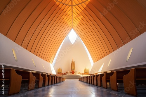 wide-angle view of minimalist church architecture