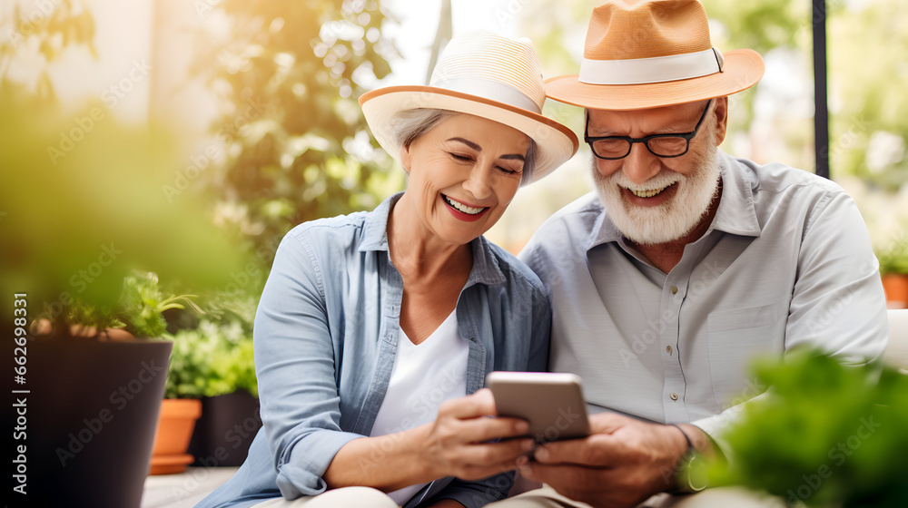 Elderly couple using mobile phone together for learning technology