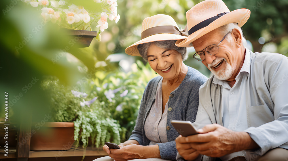 Elderly couple using mobile phone together for learning technology Elderly couple using mobile phone together for learning technology