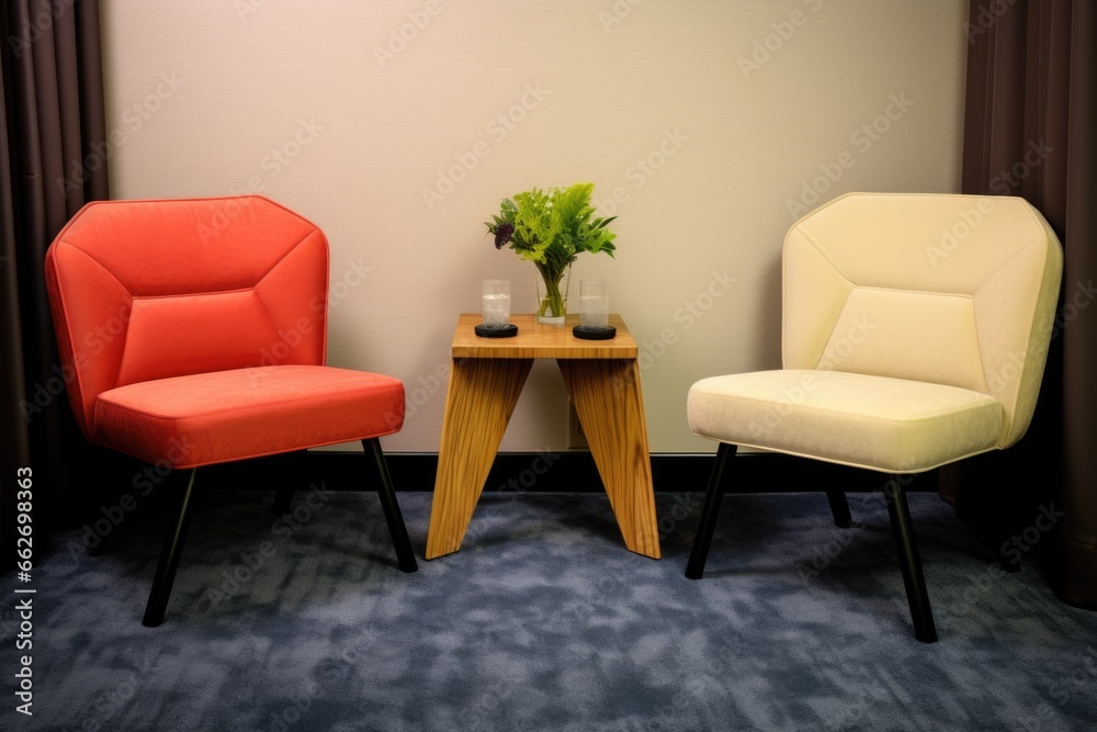 two plush chairs angled towards each other with a table in between two plush chairs angled towards each other with a table in between