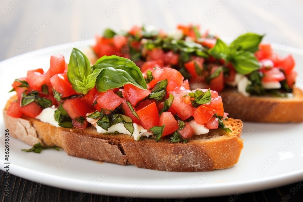 close-up of basil-topped bruschetta on a white plate