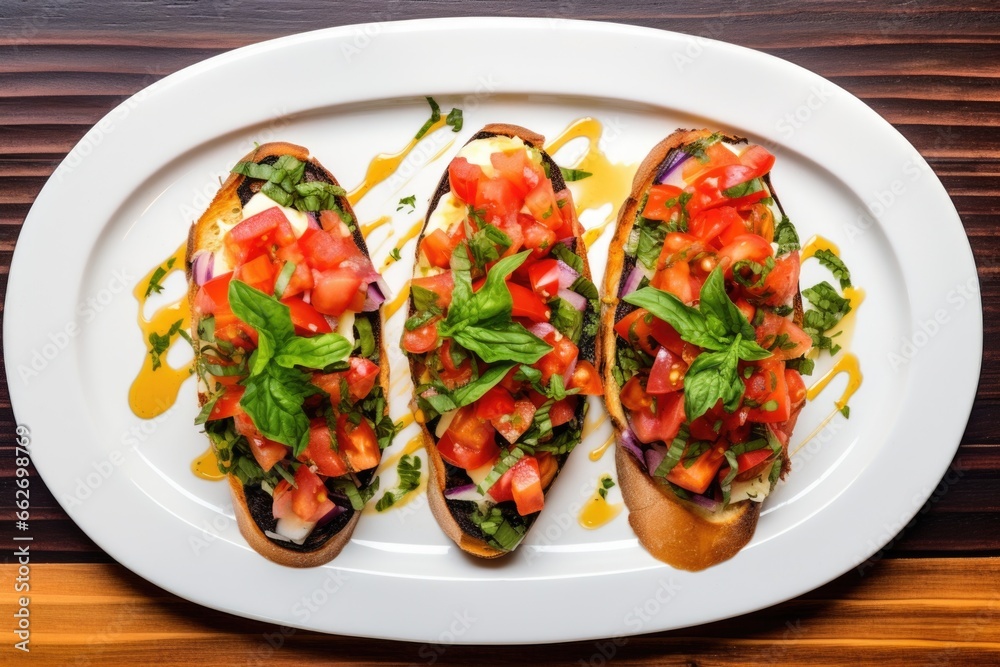 plated bruschetta with a basil garnish, viewed from above plated bruschetta with a basil garnish, viewed from above