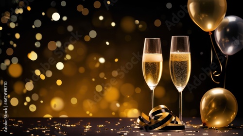 Beautiful New Year's background with champagne glasses and balloon. luxury black gold and sparkles 