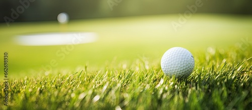 Golf ball teed up at course With copyspace for text photo