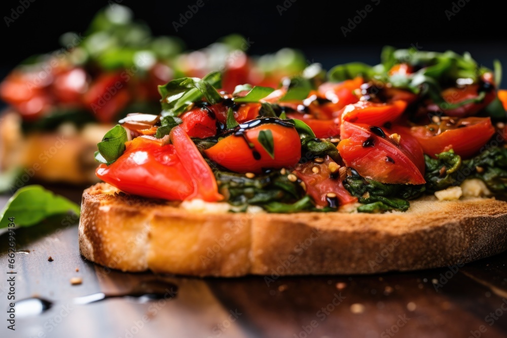 detail shot of cooked bruschetta bread topped with creamy hummus