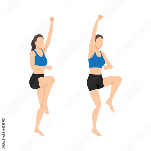 Woman doing vertical mountain climber exercise. Flat vector illustration isolated on white background