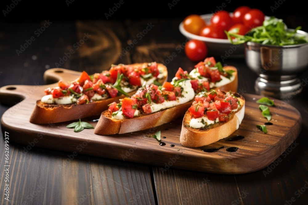 bruschetta trio with sliced mozzarella on a rustic tray bruschetta trio with sliced mozzarella on a rustic tray