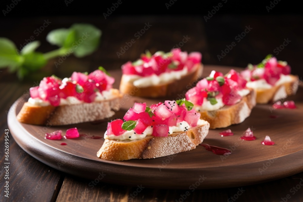bruschetta with red pickled radishes and glossy drizzle bruschetta with red pickled radishes and glossy drizzle