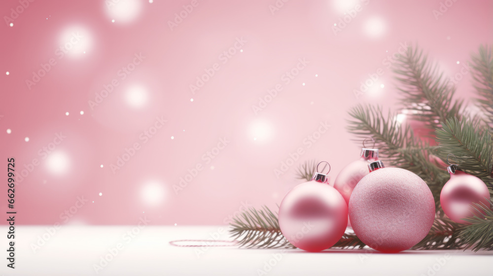 Obraz premium Christmas background with fir branches and christmas balls on a pink background